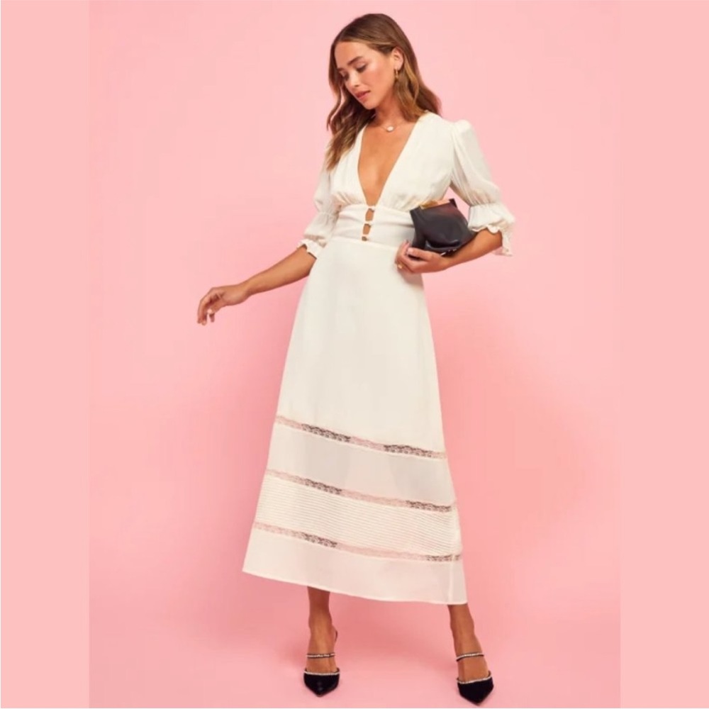SOLD Reformation Ginny Dress Ivory Deep V-Neck Tiered Puff Sleeves Lace